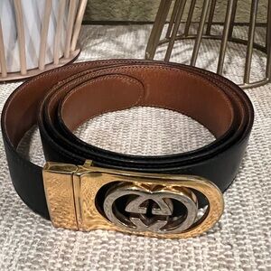 Vintage Gucci belt men’s woman’s black brown leather gold buckle size 40-43 in